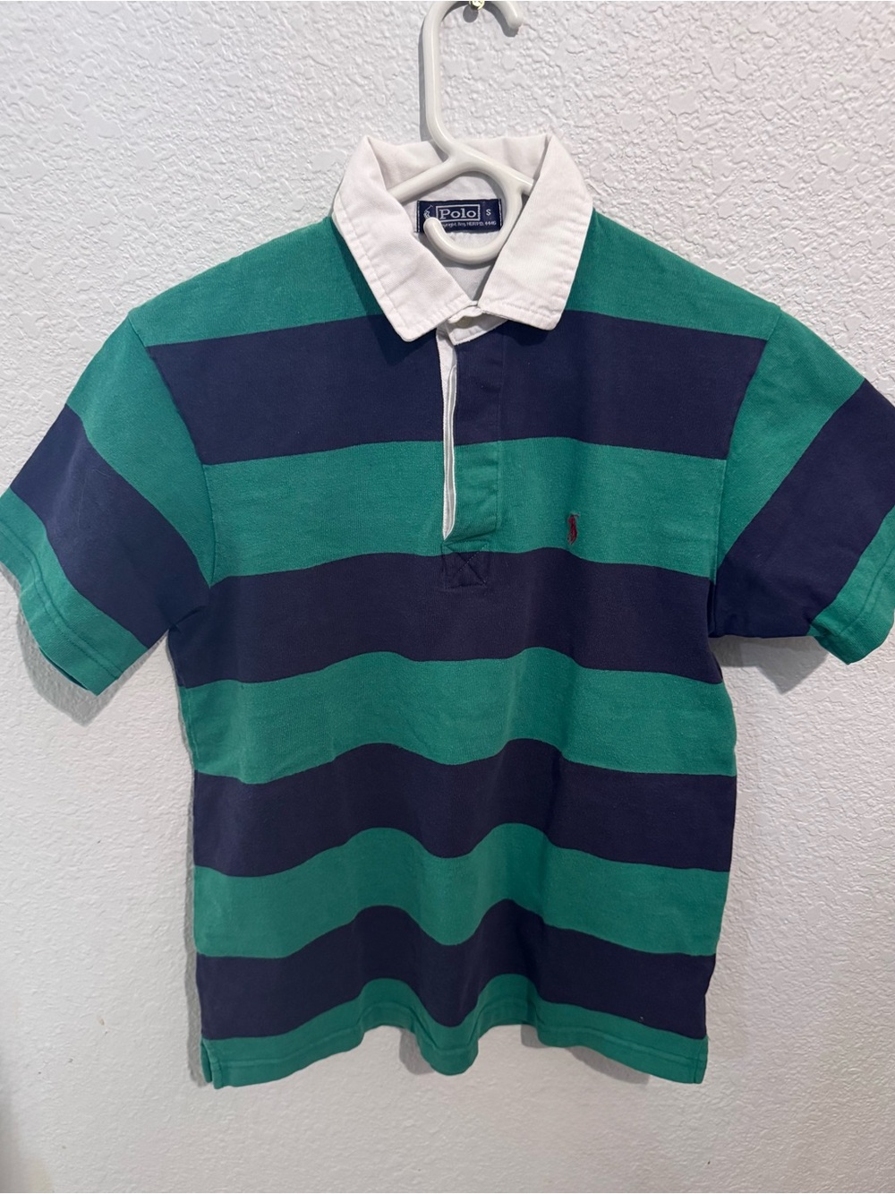 Polo by Ralph Lauren Green & Navy Striped Rugby Polo with White Collar